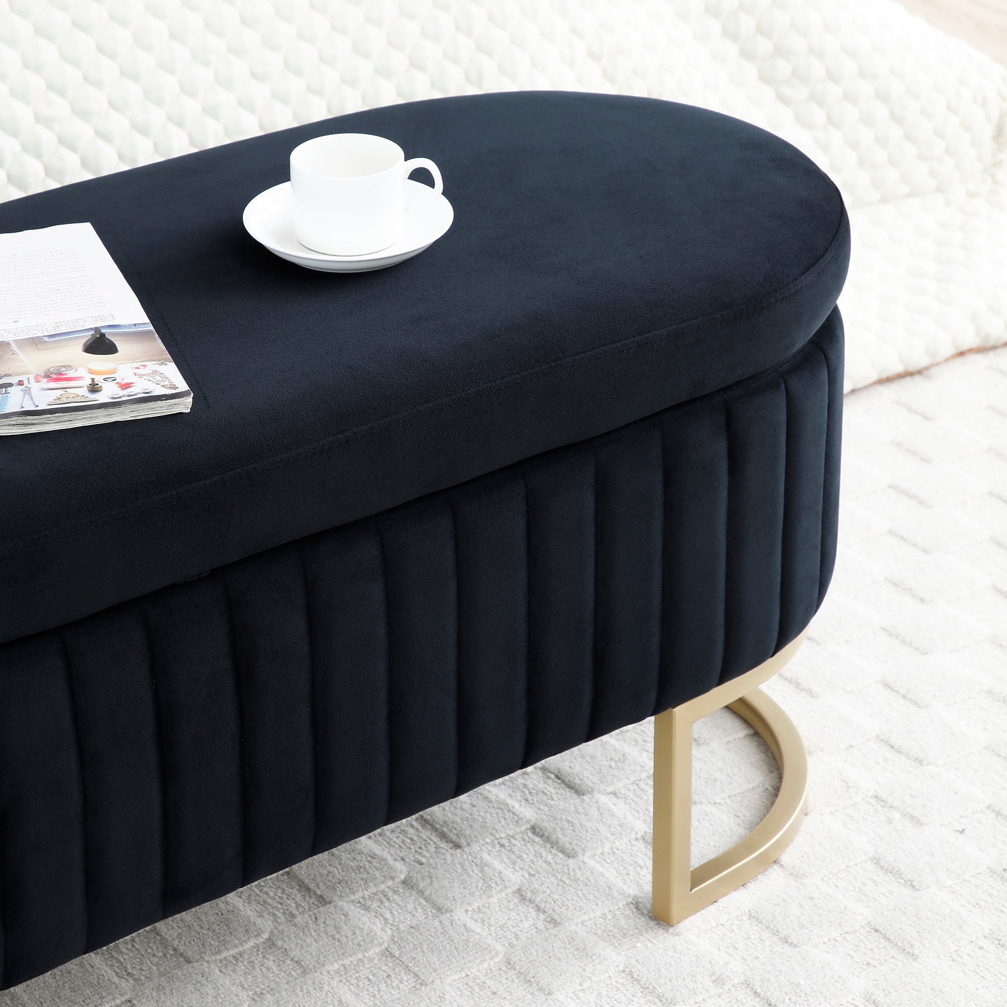 Storage Bench Bedroom Bench, Velvet Oval Upholstered Bed Bench With Golden Metal Legs,Storage Ottoman Bench For Bedroom, Living Room,Entryway,Black_voghion.com